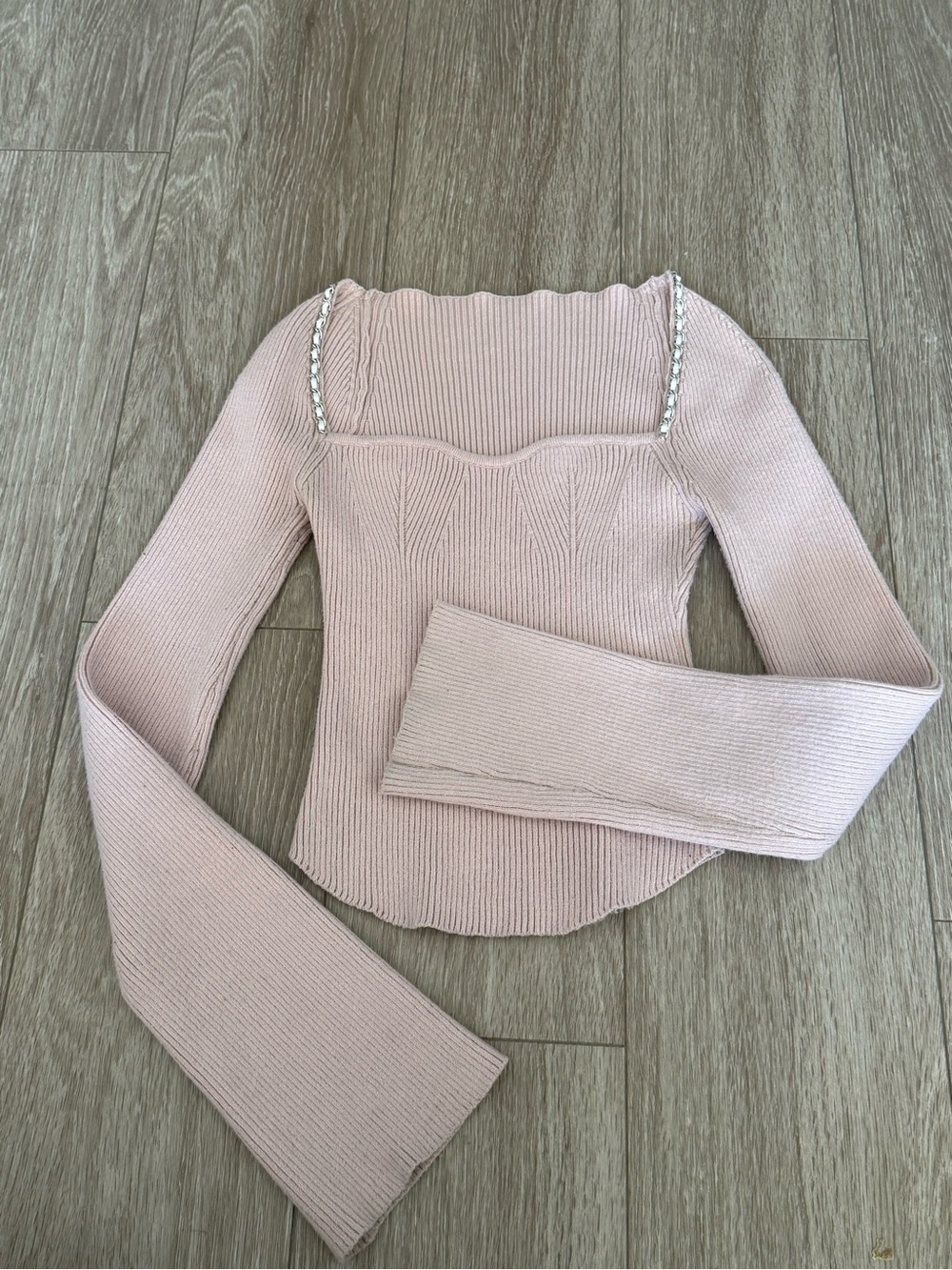 Dusty Pink Square Neck Elegant Detail Sweetheart neckline long sleeve top